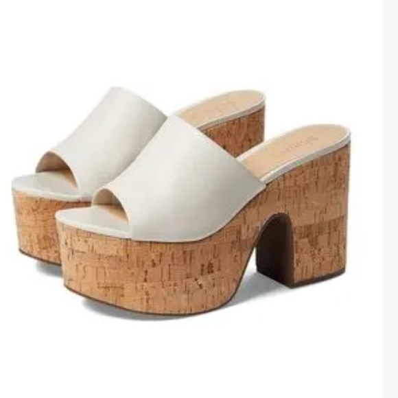 SCHUTZ Dalle Cutout Sandals Cream Cork Block Heel Platform Mules Shoes Size 9.5 - Picture 3 of 12
